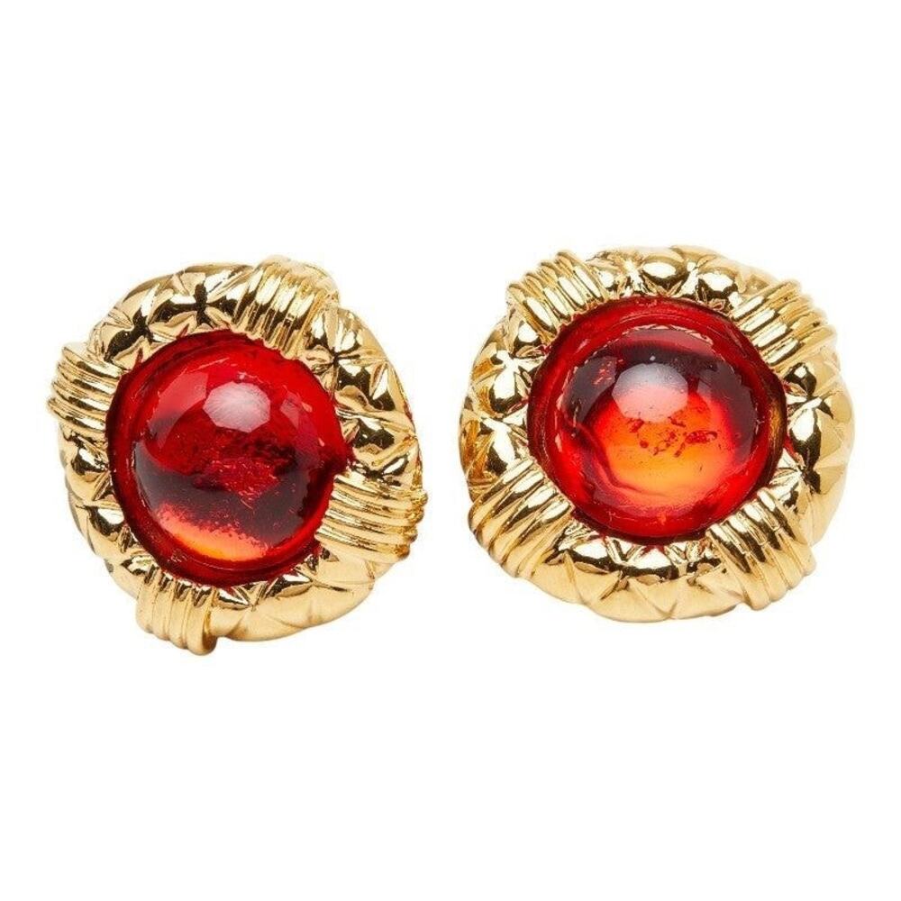 Chanel Gripoix Round Earrings 23 Gold Red Plated